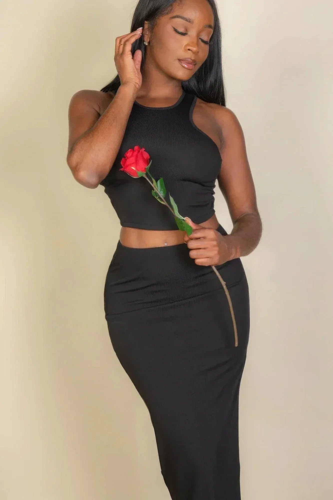 Ribbed cropped top and maxi side slit skirt Secondary image