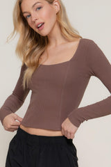 Long slv sweetheart neck seam detail knit top | Mixtshop LLC