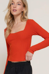 Long slv sweetheart neck seam detail knit top | Mixtshop LLC