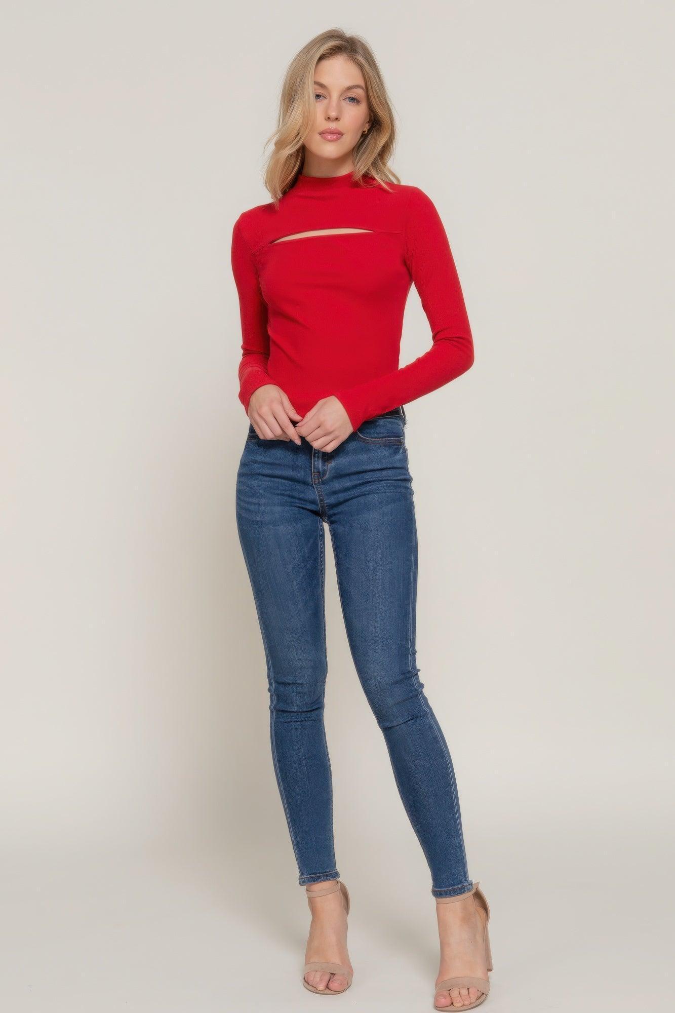 Long slv mock neck kyehole rib knit top Secondary image
