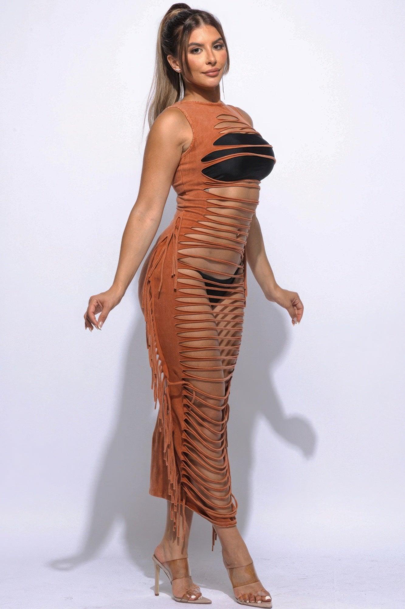 Fringe Cut Out Maxi Dress | Mixtshop LLC