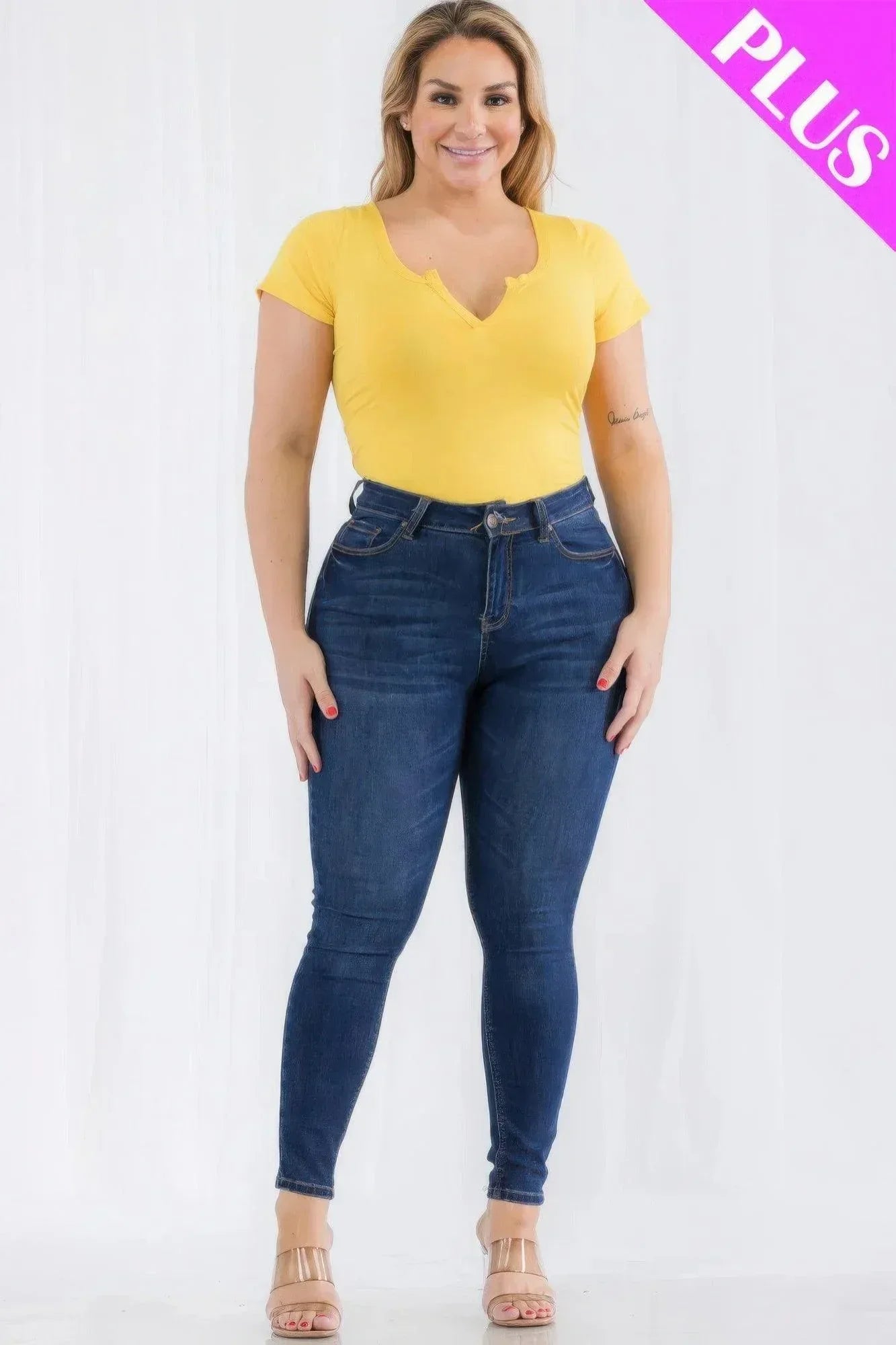Plus Size Casual Split Neck Solid Short Sleeve Bodysuit | Mixtshop LLC