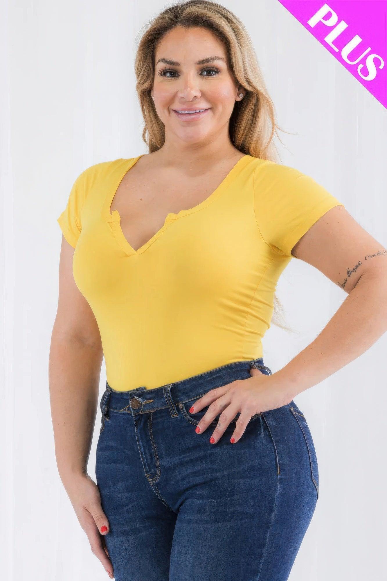 Plus Size Casual Split Neck Solid Short Sleeve Bodysuit | Mixtshop LLC