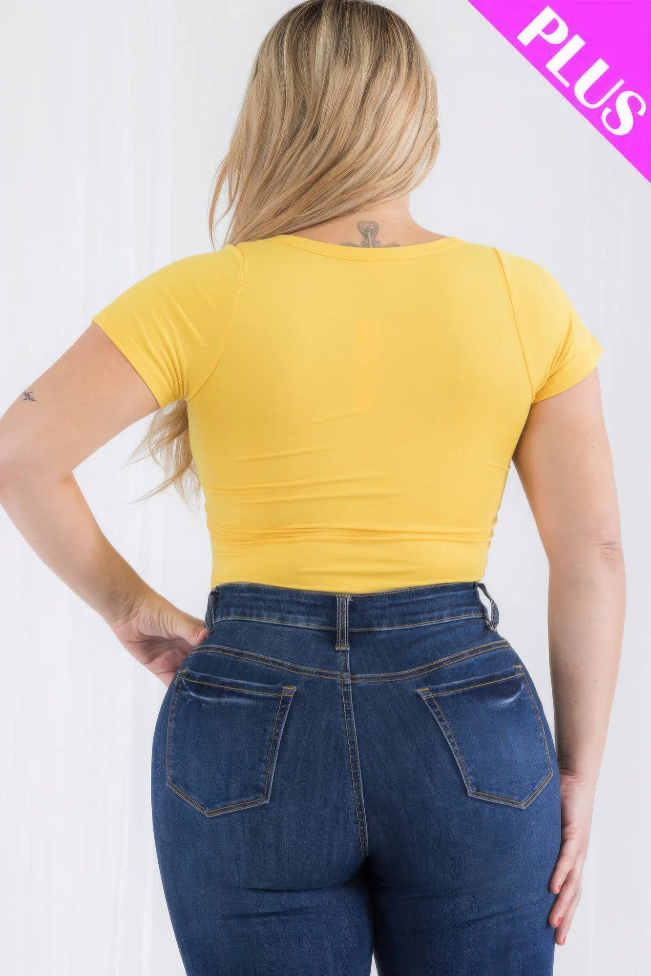 Plus Size Casual Split Neck Solid Short Sleeve Bodysuit | Mixtshop LLC