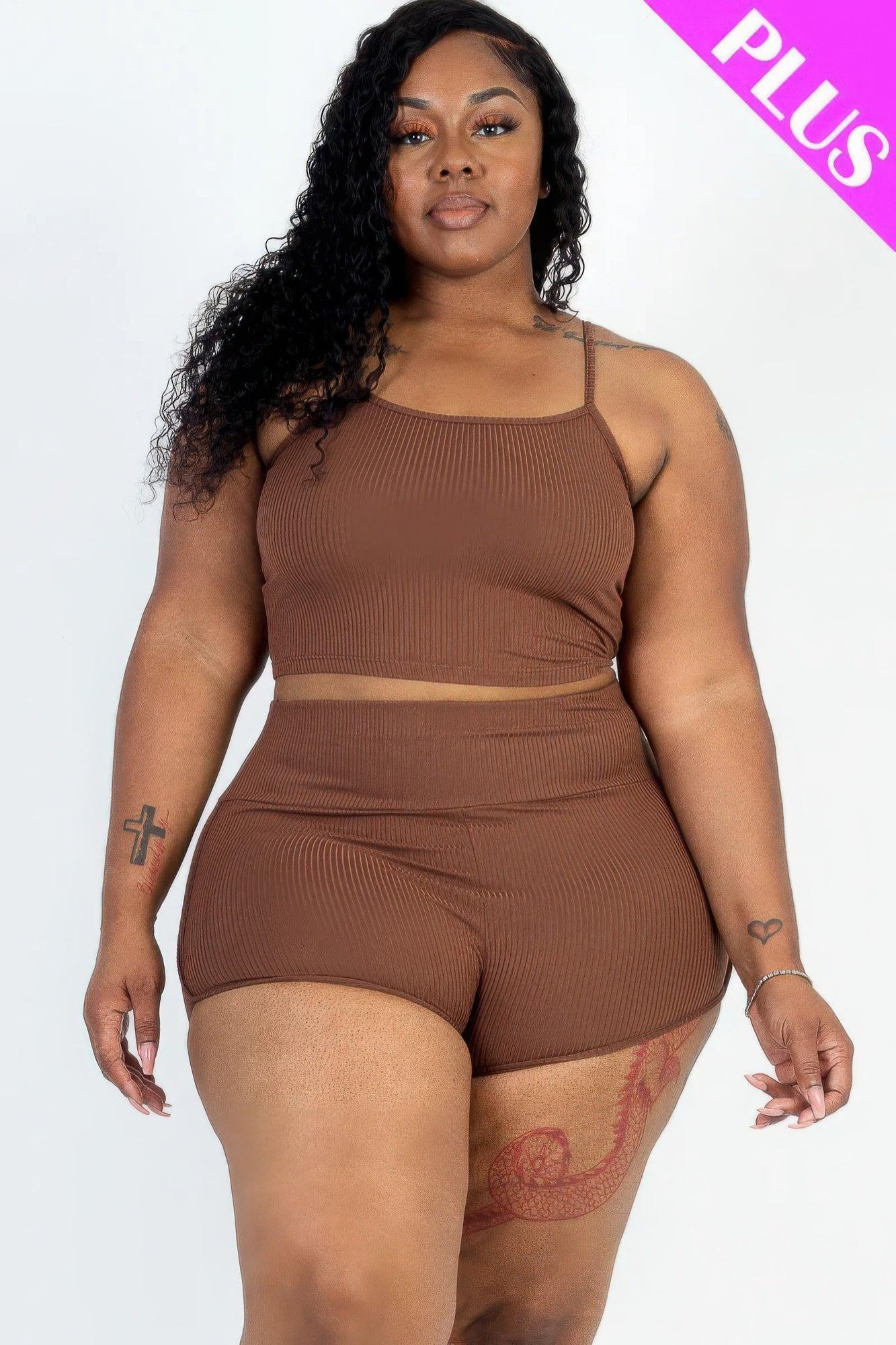 Plus Size Ribbed Cami Crop Top & Ruched Shorts Set | Mixtshop LLC Main image