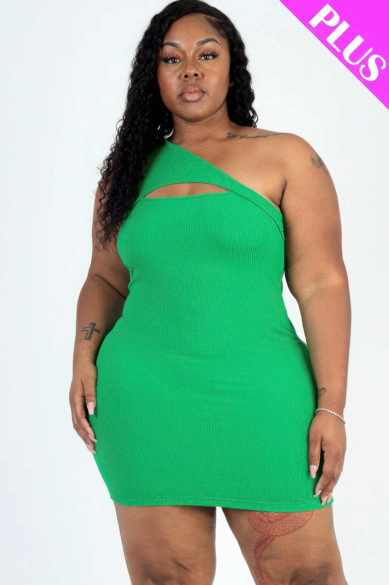 Plus Size Ribbed One Shoulder Cutout Front Casual Mini Bodycon Dress | Mixtshop LLC