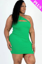 Plus Size Ribbed One Shoulder Cutout Front Casual Mini Bodycon Dress | Mixtshop LLC