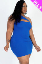 Plus Size Ribbed One Shoulder Cutout Front Casual Mini Bodycon Dress | Mixtshop LLC