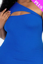 Plus Size Ribbed One Shoulder Cutout Front Casual Mini Bodycon Dress | Mixtshop LLC
