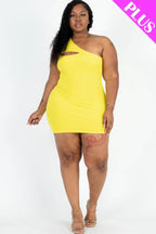 Plus Size Ribbed One Shoulder Cutout Front Casual Mini Bodycon Dress | Mixtshop LLC