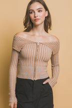 Ribbed bardot zip up long sleeve | Mixtshop LLC