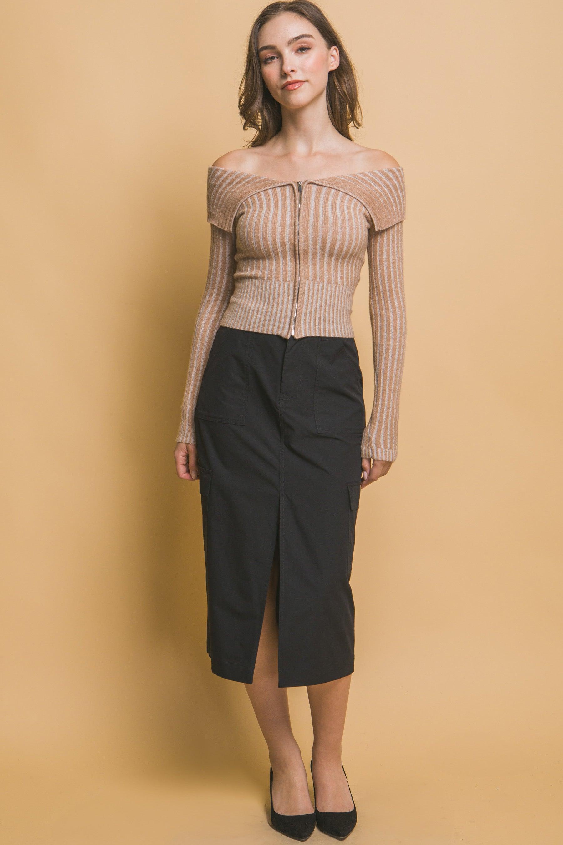 Ribbed bardot zip up long sleeve | Mixtshop LLC