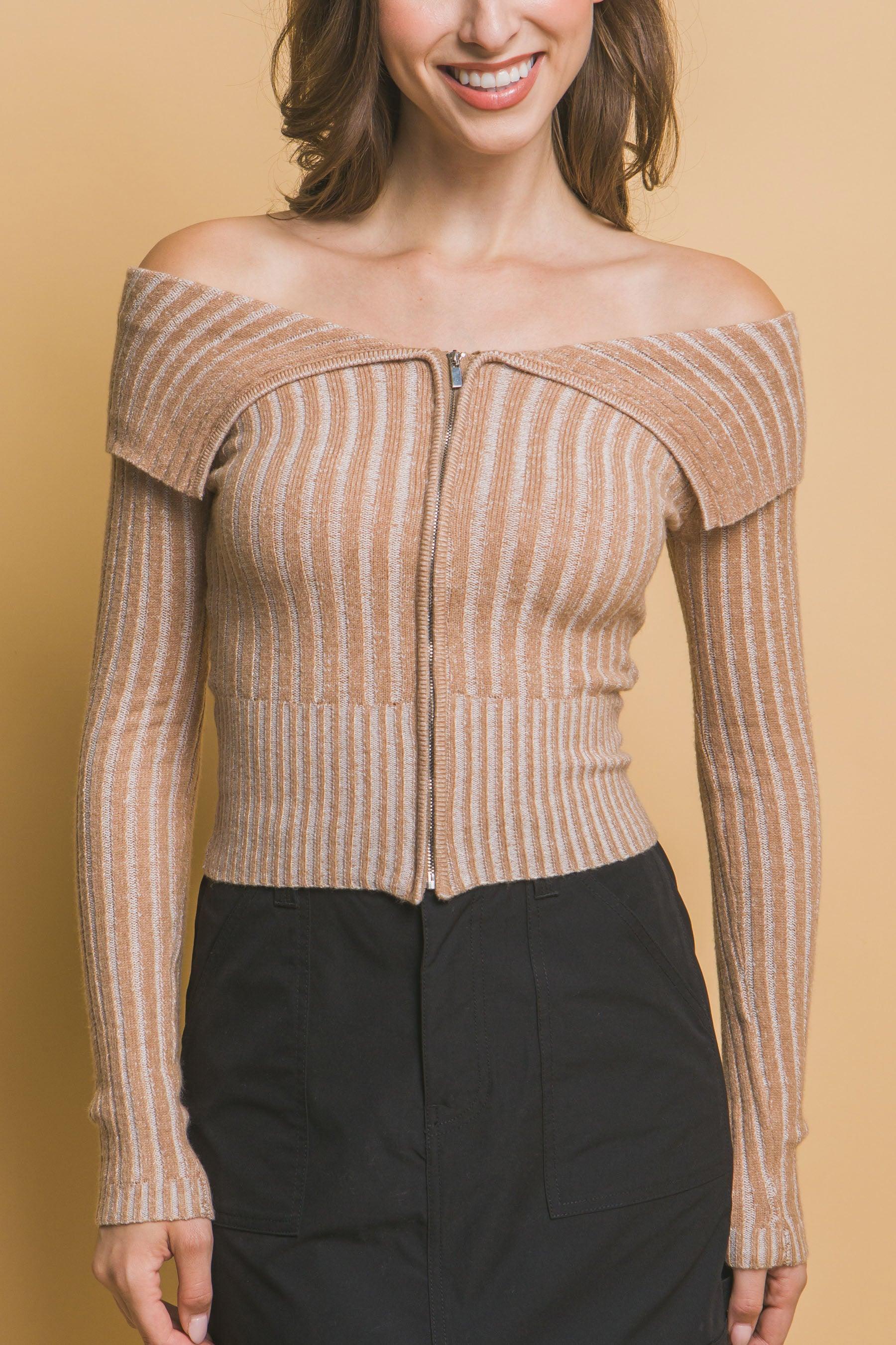 Ribbed bardot zip up long sleeve | Mixtshop LLC