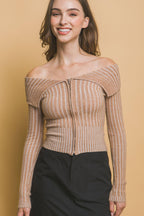 Ribbed bardot zip up long sleeve | Mixtshop LLC