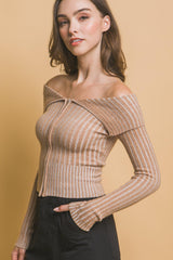 Ribbed bardot zip up long sleeve | Mixtshop LLC