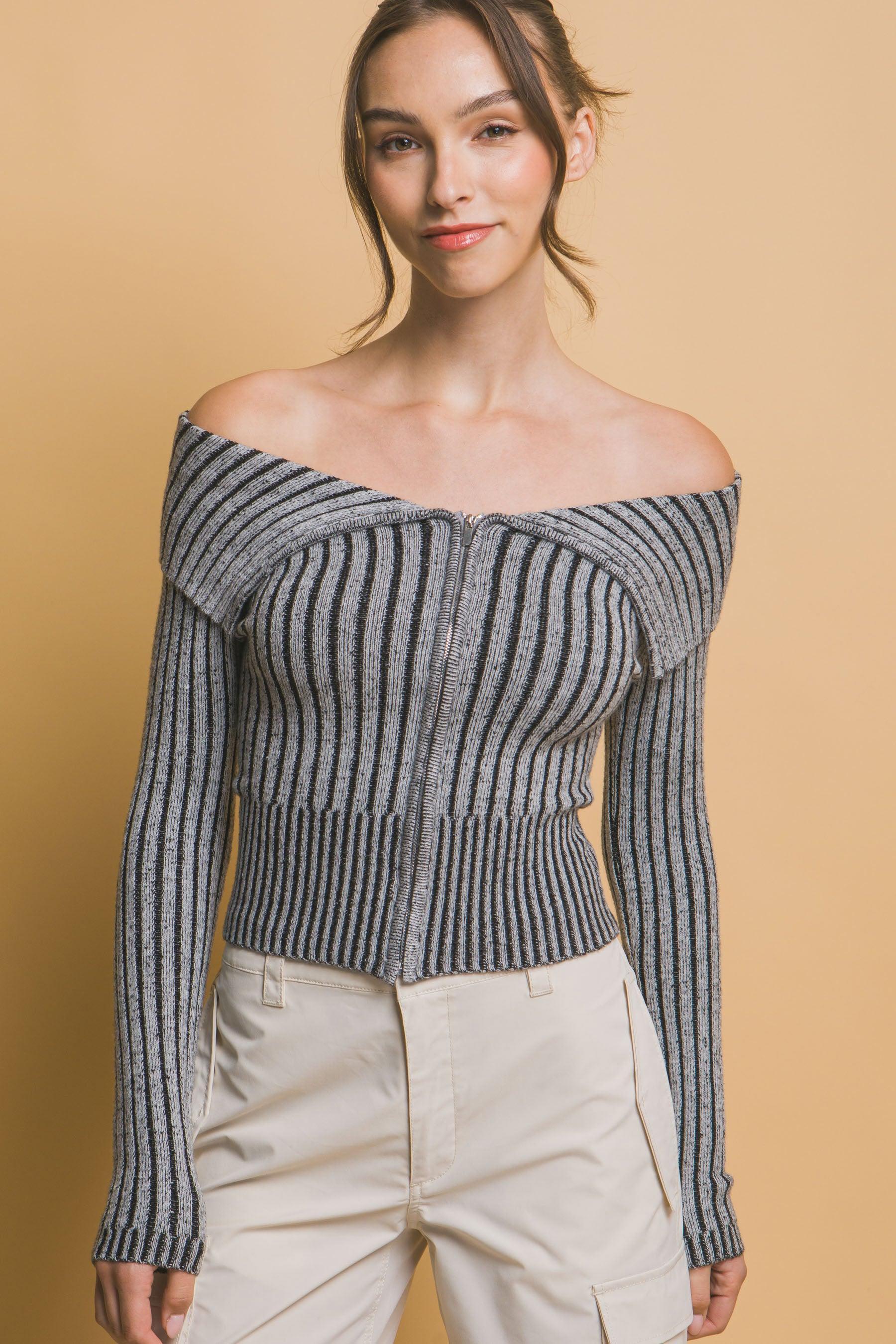 Ribbed bardot zip up long sleeve | Mixtshop LLC Main image