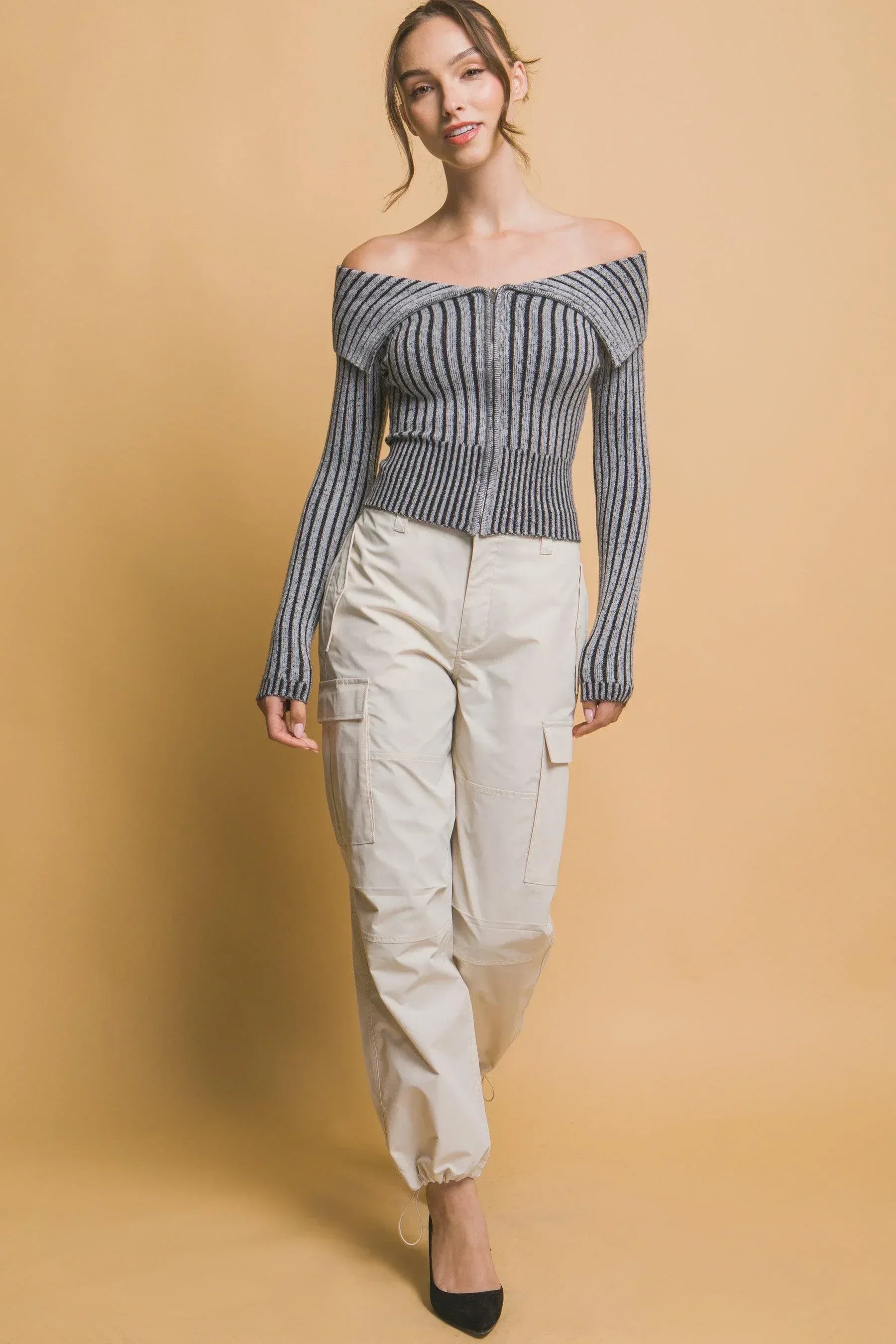 Ribbed bardot zip up long sleeve Secondary image