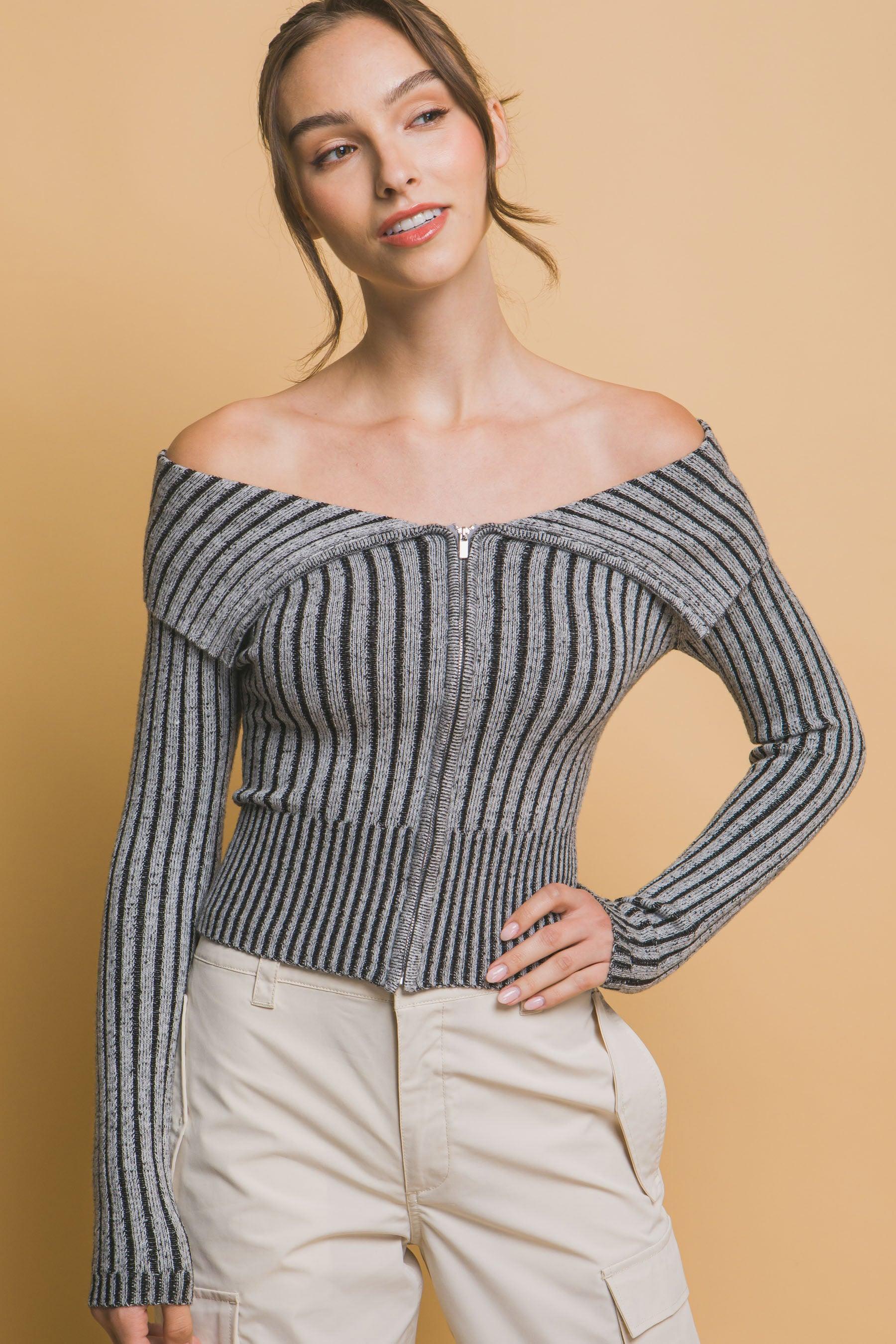 Ribbed bardot zip up long sleeve | Mixtshop LLC