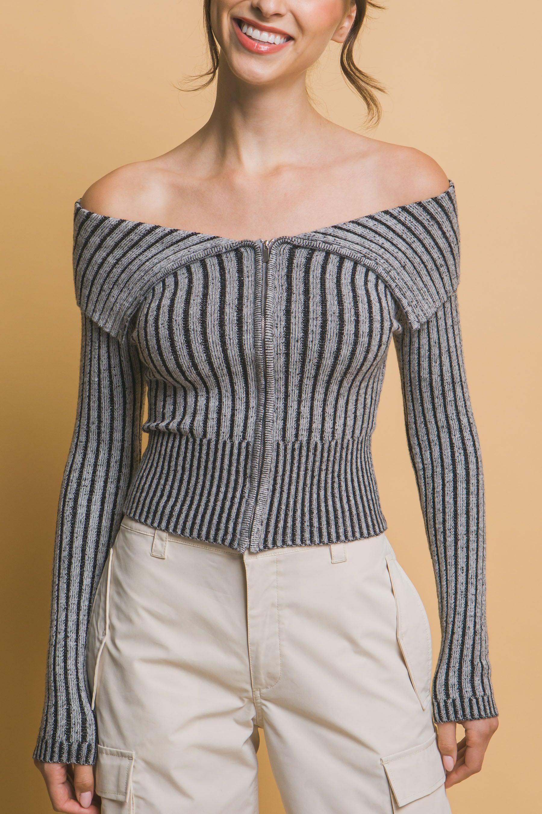 Ribbed bardot zip up long sleeve | Mixtshop LLC