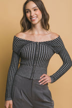 Ribbed bardot zip up long sleeve | Mixtshop LLC