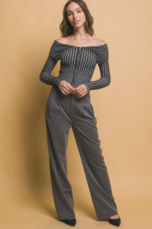 Ribbed bardot zip up long sleeve | Mixtshop LLC