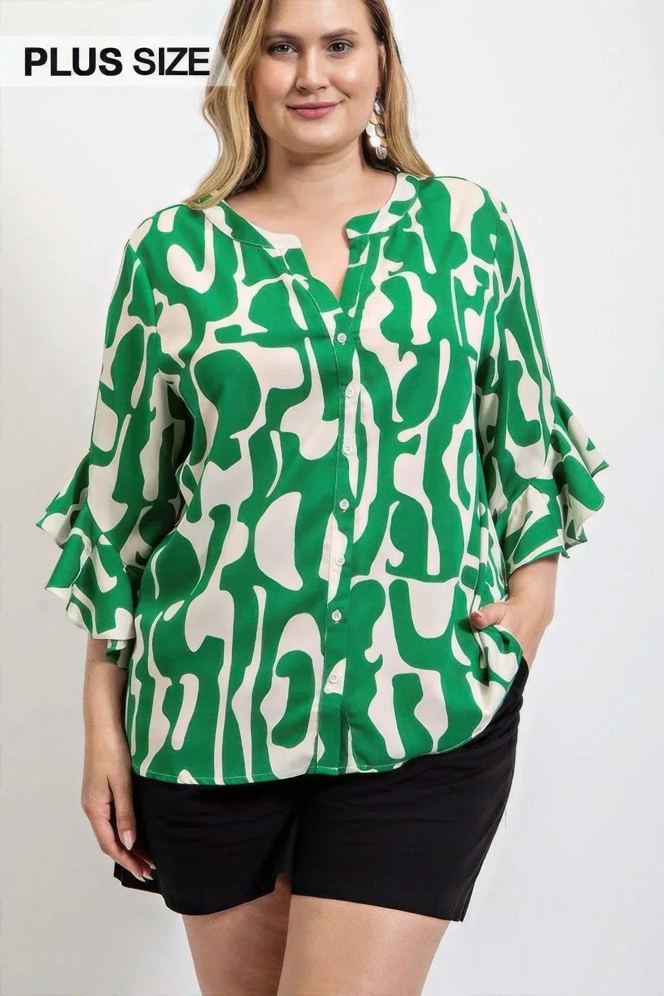 Geometric print ruffled bell sleeve woven top | Mixtshop LLC Main image