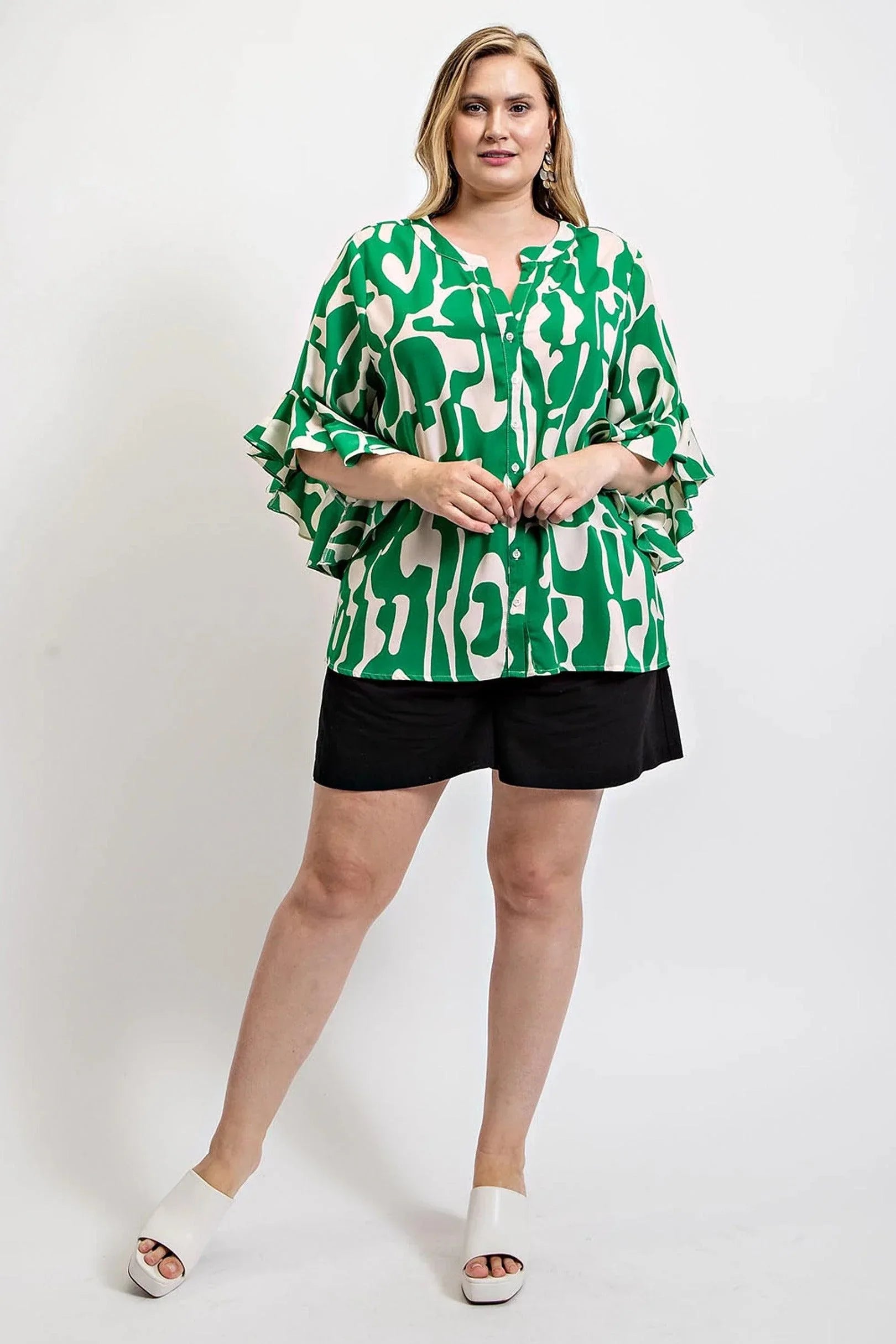 Geometric print ruffled bell sleeve woven top | Mixtshop LLC