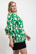Geometric print ruffled bell sleeve woven top | Mixtshop LLC