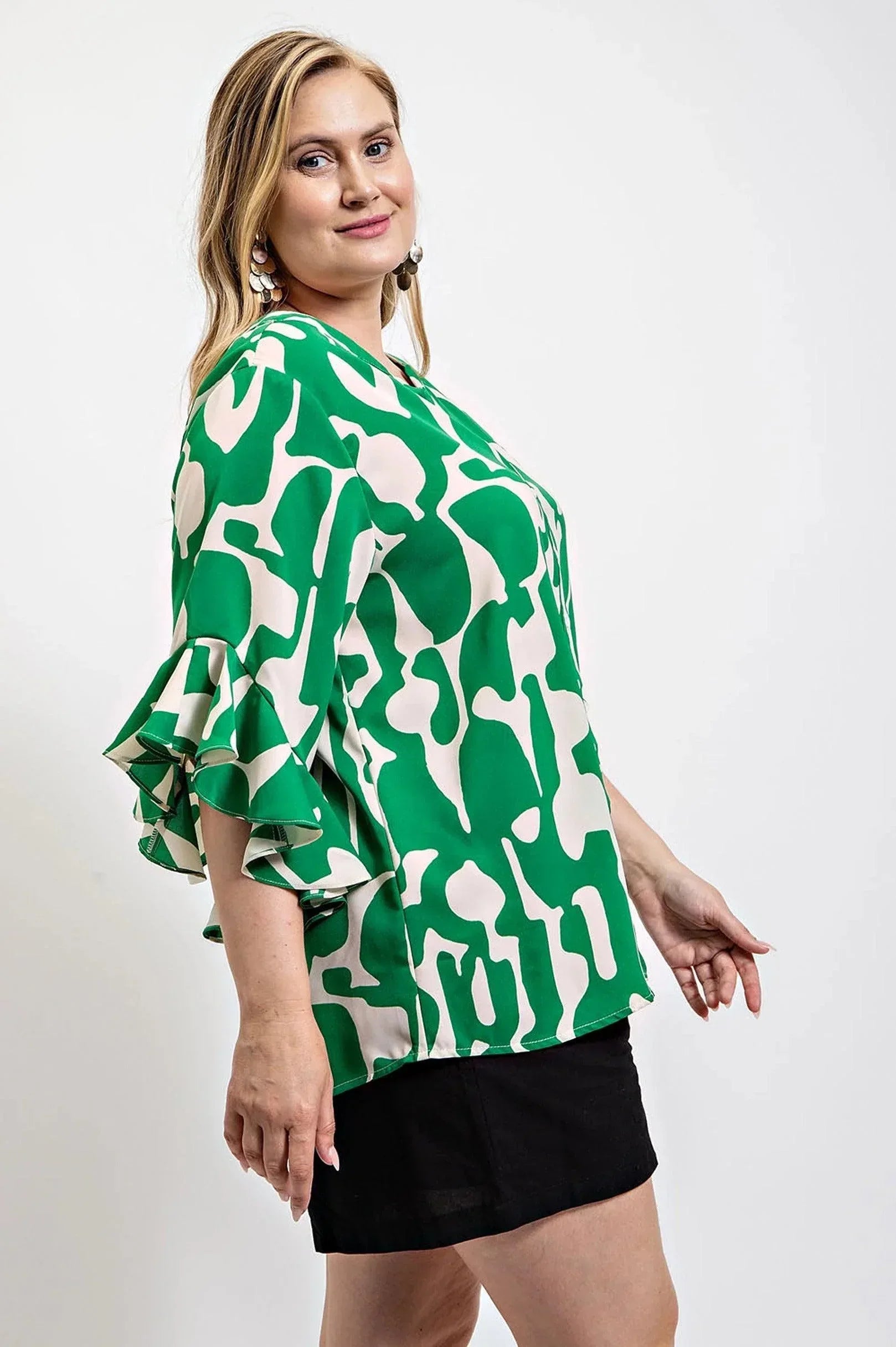 Geometric print ruffled bell sleeve woven top | Mixtshop LLC