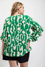 Geometric print ruffled bell sleeve woven top | Mixtshop LLC
