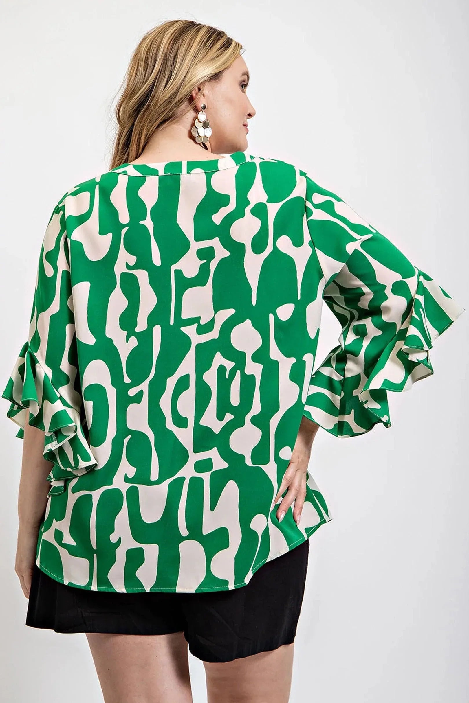 Geometric print ruffled bell sleeve woven top | Mixtshop LLC
