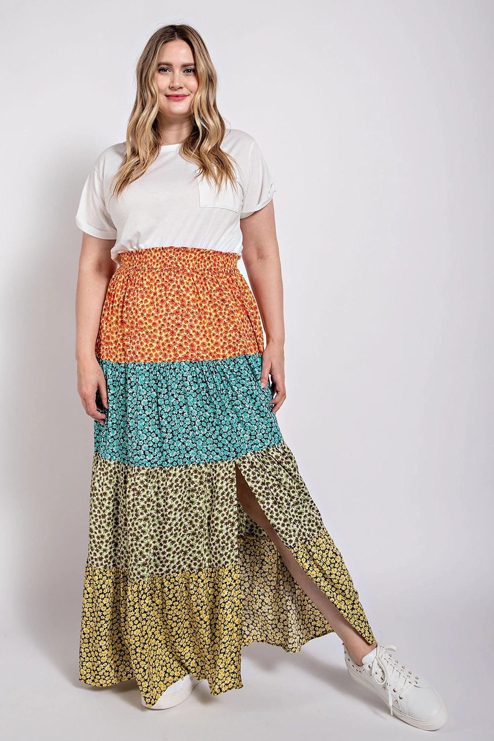Ditsy floral color block skirt with front slit Secondary image