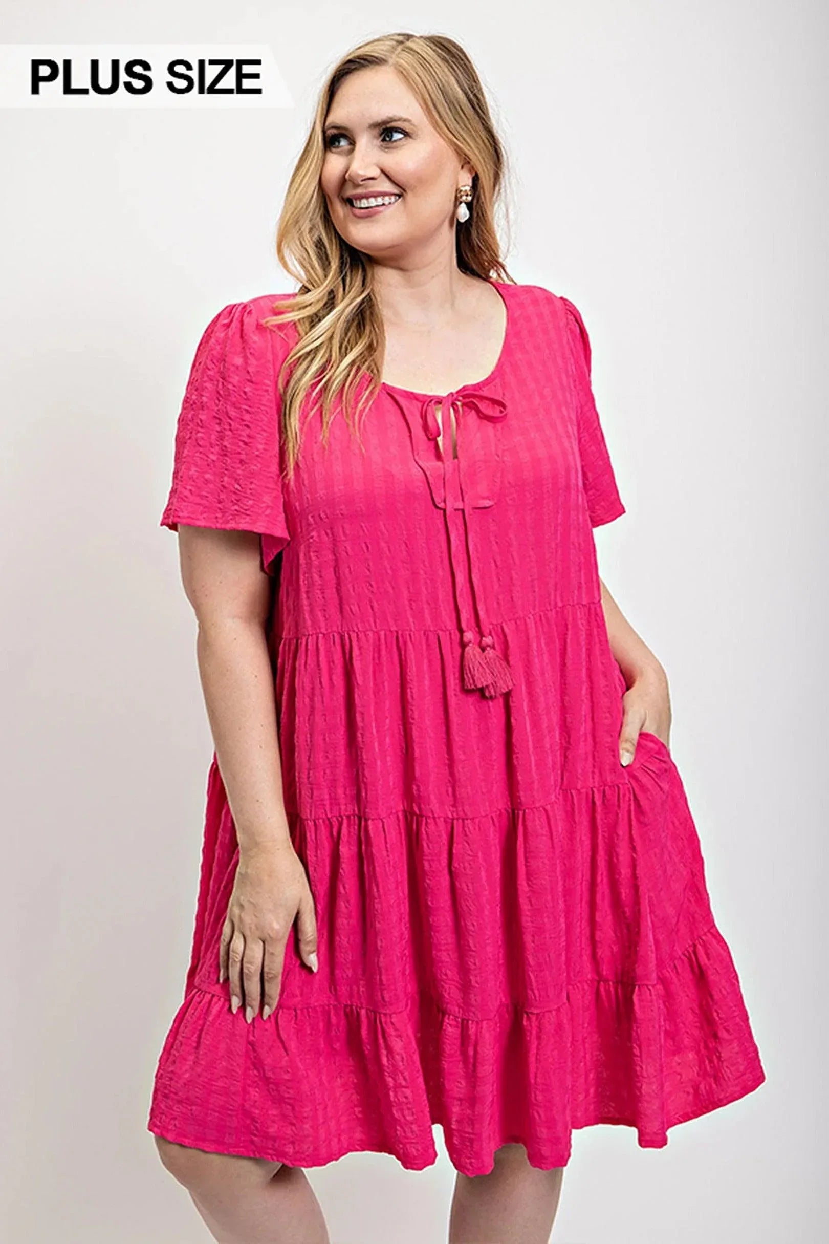 Textured woven tiered dress with tassel tie and pockets | Mixtshop LLC Main image