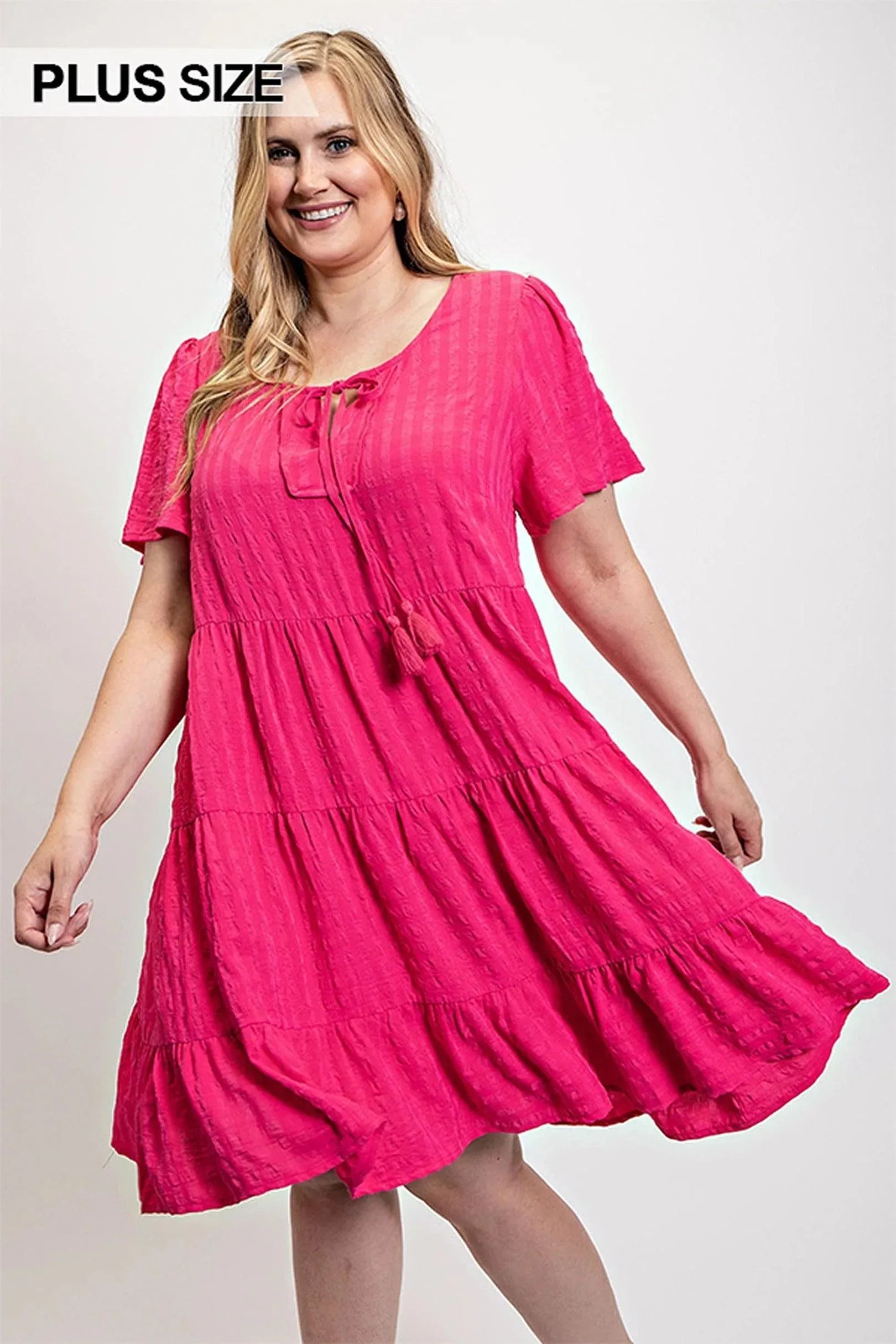 Textured woven tiered dress with tassel tie and pockets | Mixtshop LLC