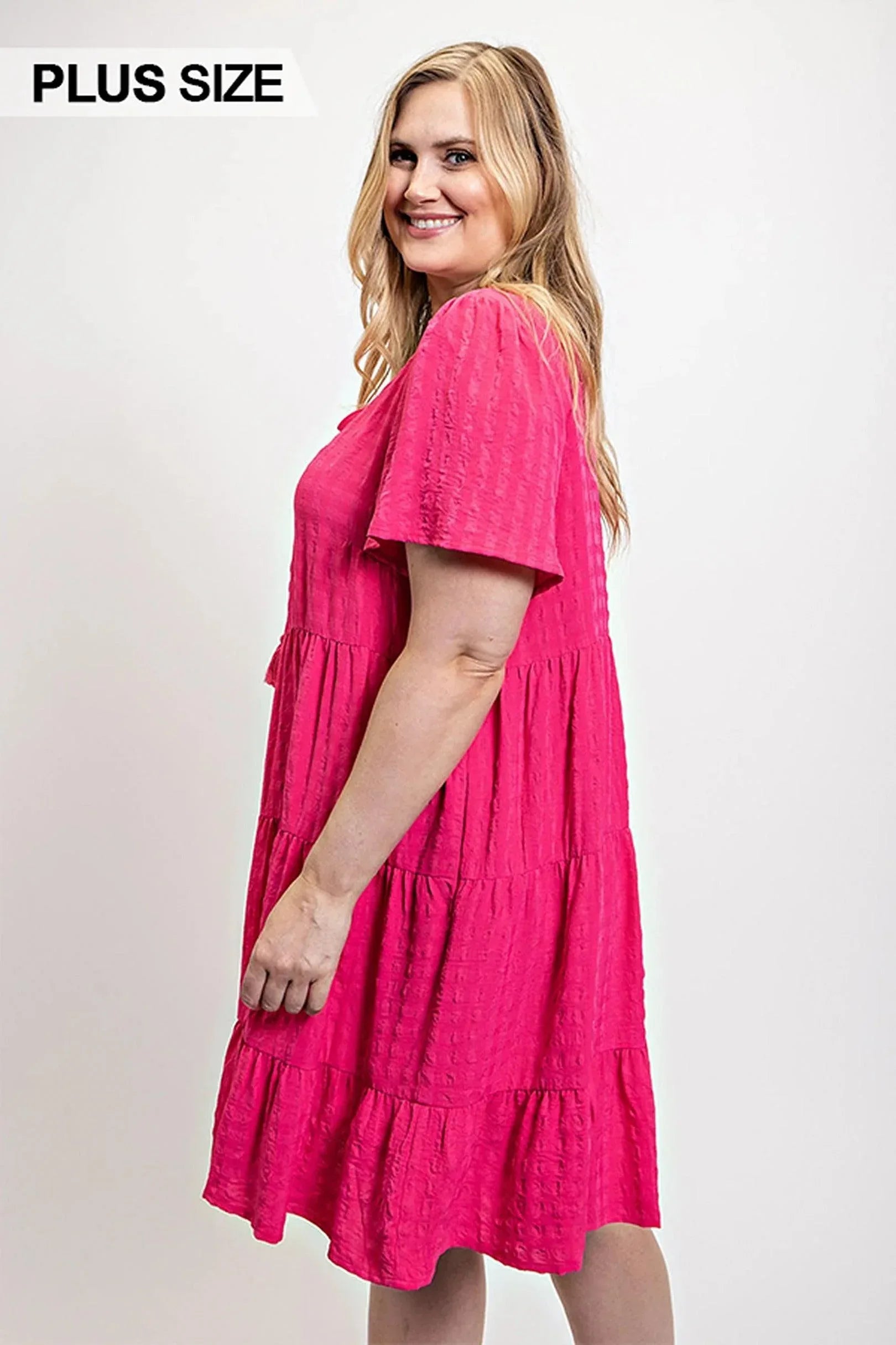 Textured woven tiered dress with tassel tie and pockets | Mixtshop LLC