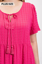 Textured woven tiered dress with tassel tie and pockets | Mixtshop LLC