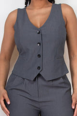 Buttoned Solid V-neck Vest Top | Mixtshop LLC