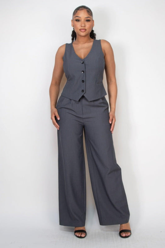 Buttoned Solid V-neck Vest Top | Mixtshop LLC