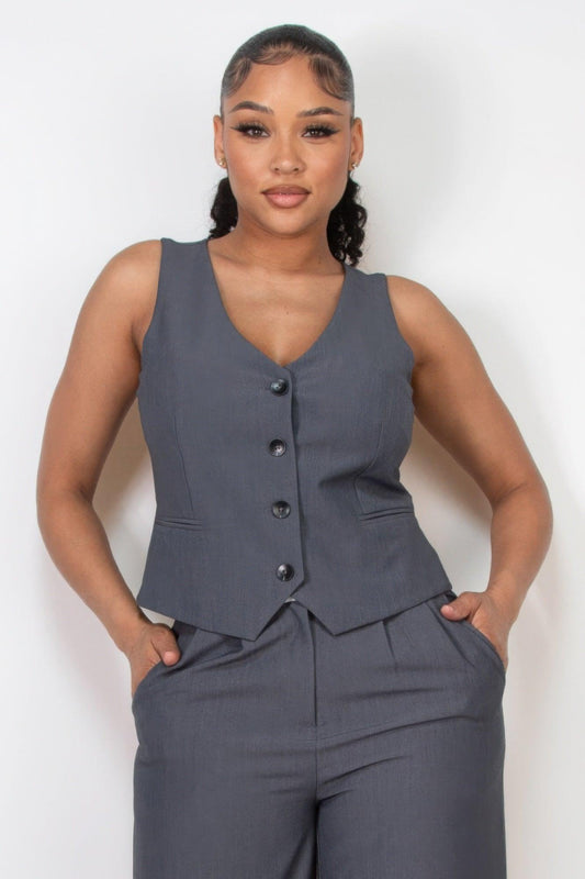 Buttoned Solid V-neck Vest Top | Mixtshop LLC