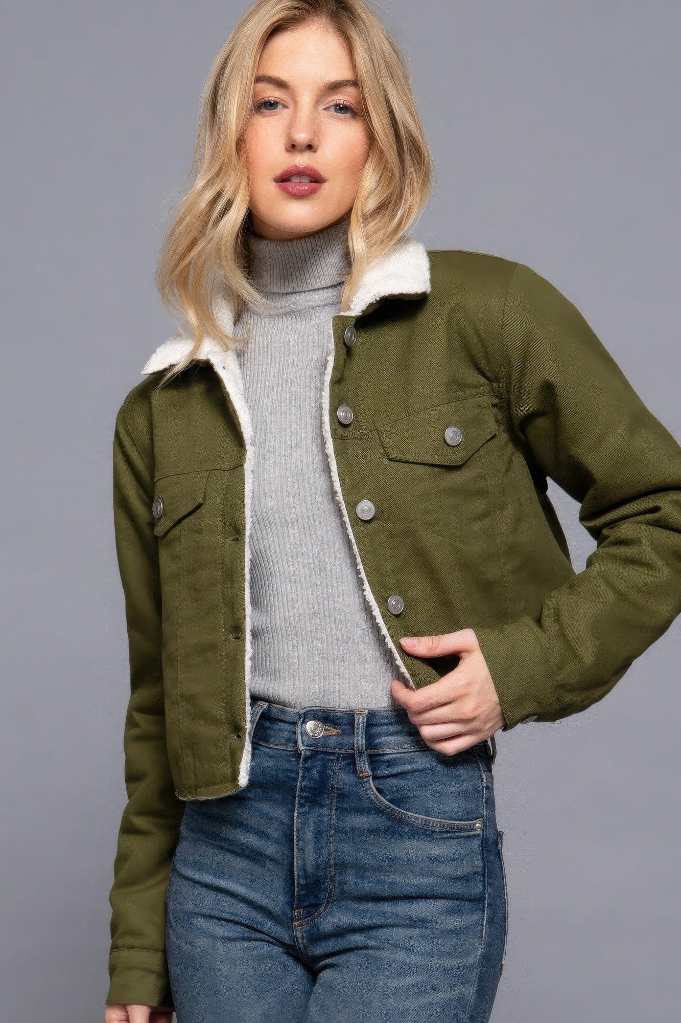 Button Closure Sherpa-lined Twill Jacket | Mixtshop LLC