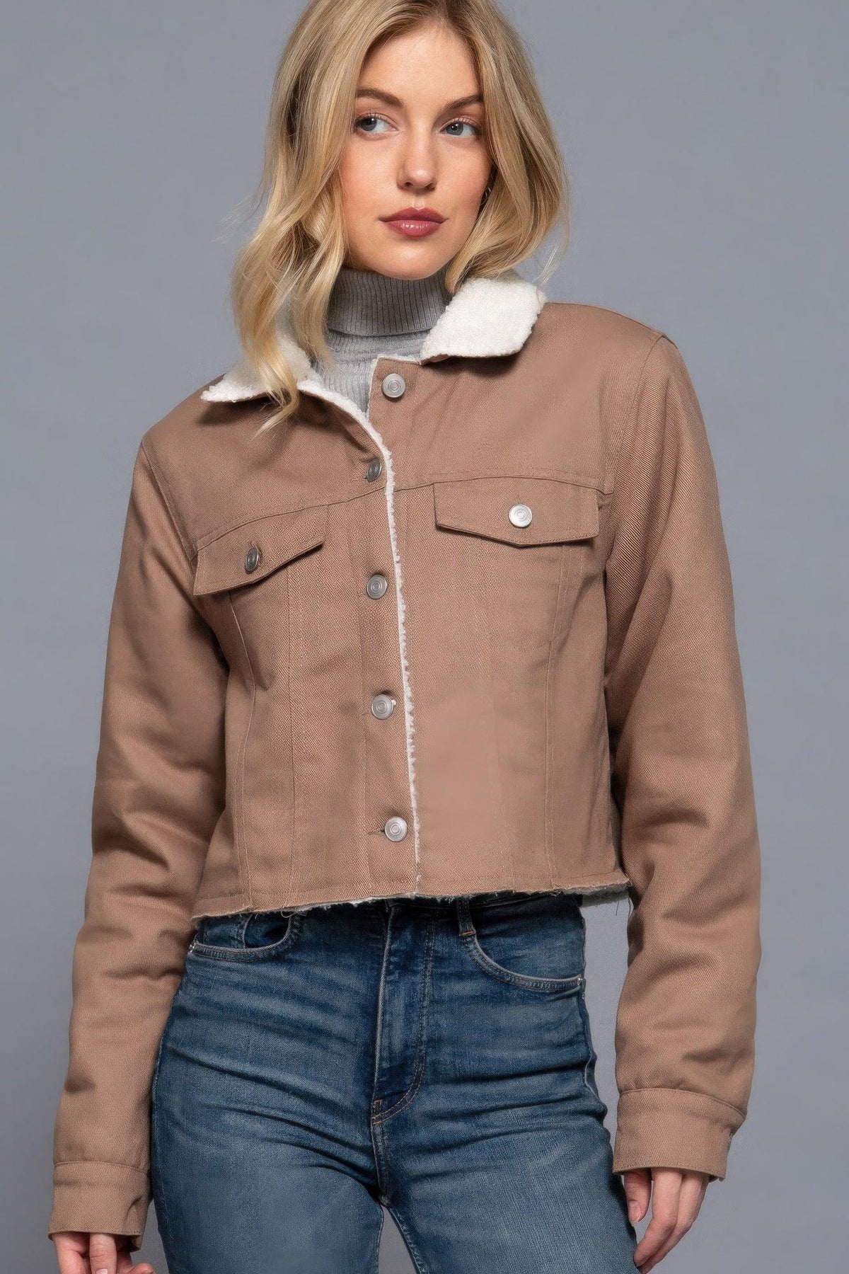 Button Closure Sherpa-lined Twill Jacket | Mixtshop LLC