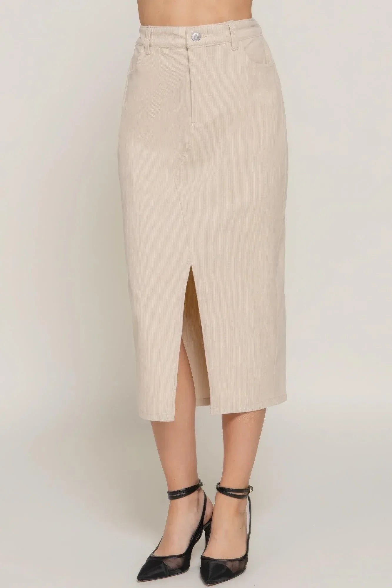 Front Open Slit Corduroy Midi Skirt | Mixtshop LLC Main image