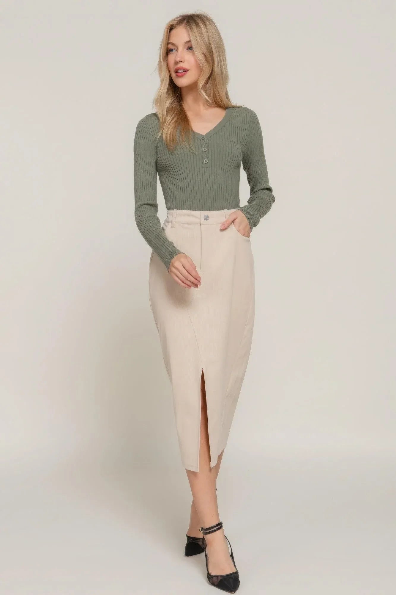 Front Open Slit Corduroy Midi Skirt Secondary image