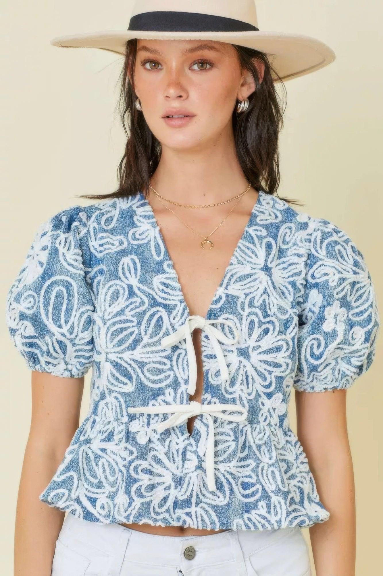 Denim Embroidered Crop Top With Front Tie Detail | Mixtshop LLC Main image