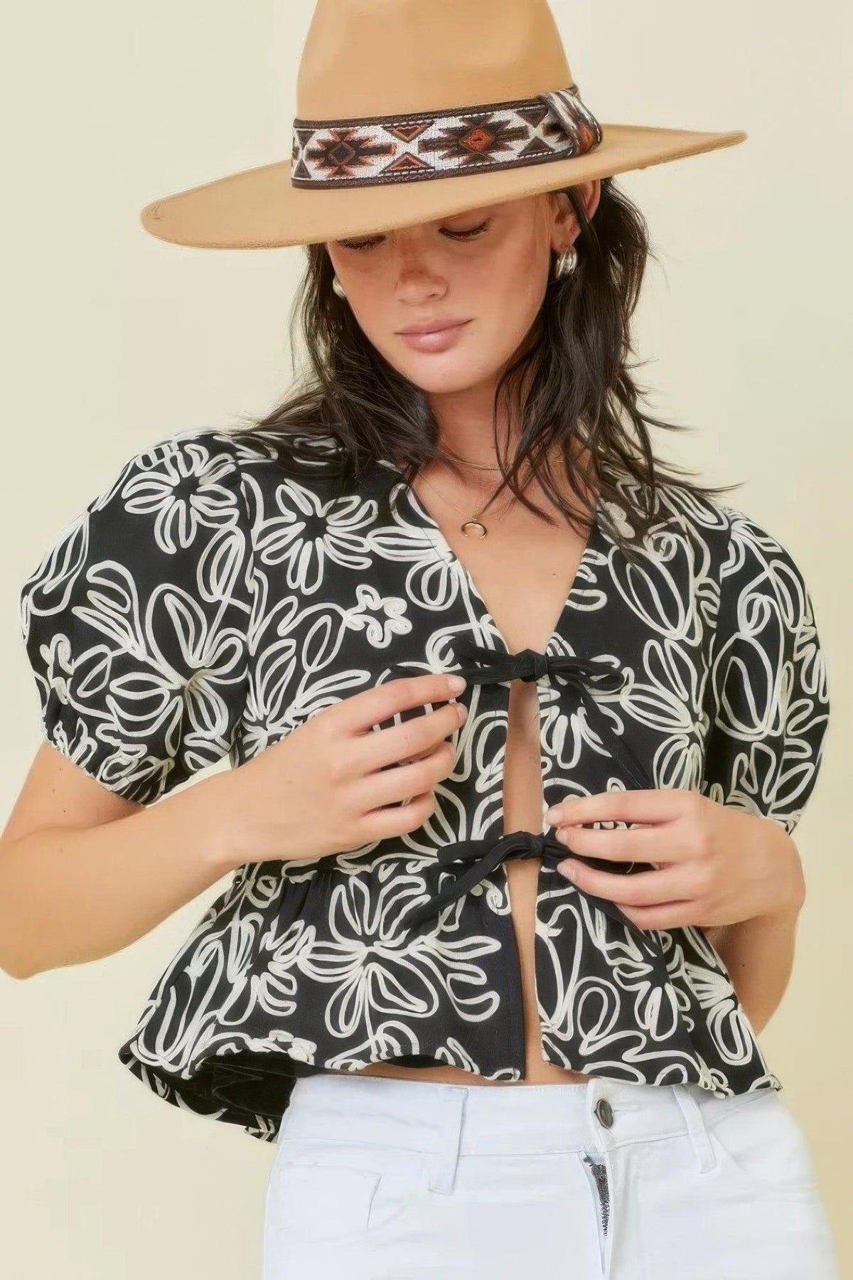 Denim Embroidered Crop Top With Front Tie Detail | Mixtshop LLC