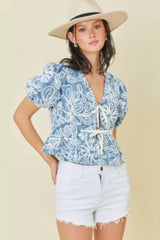 Denim Embroidered Crop Top With Front Tie Detail | Mixtshop LLC