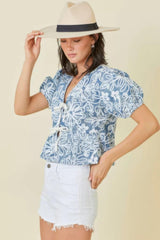 Denim Embroidered Crop Top With Front Tie Detail | Mixtshop LLC