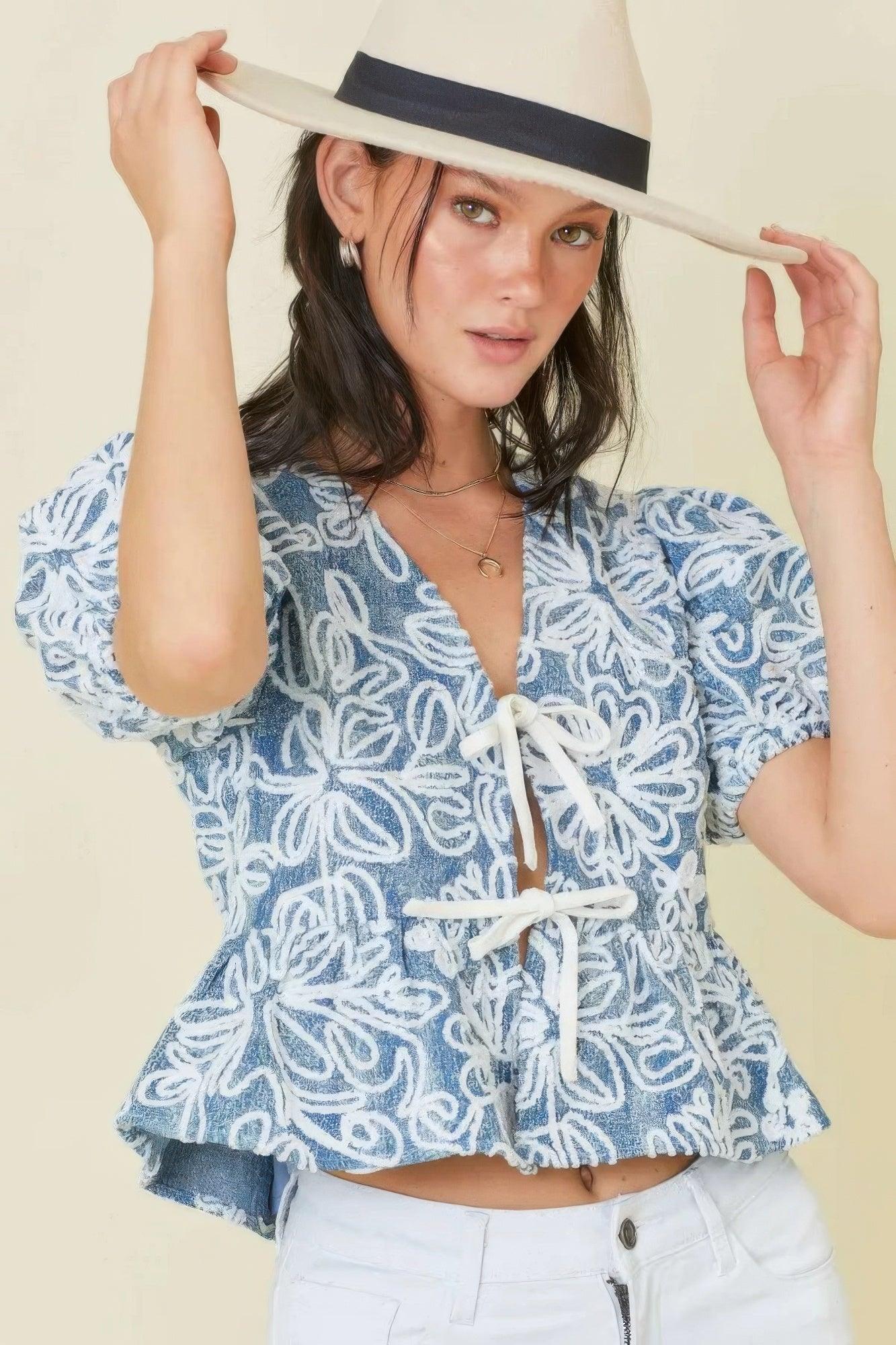 Denim Embroidered Crop Top With Front Tie Detail | Mixtshop LLC