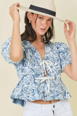 Denim Embroidered Crop Top With Front Tie Detail | Mixtshop LLC