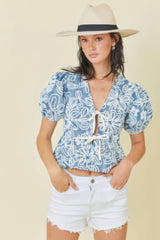 Denim Embroidered Crop Top With Front Tie Detail | Mixtshop LLC